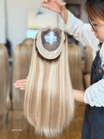 Light Blonde Long Straight Human Hair Topper Mini Wig, product view 3