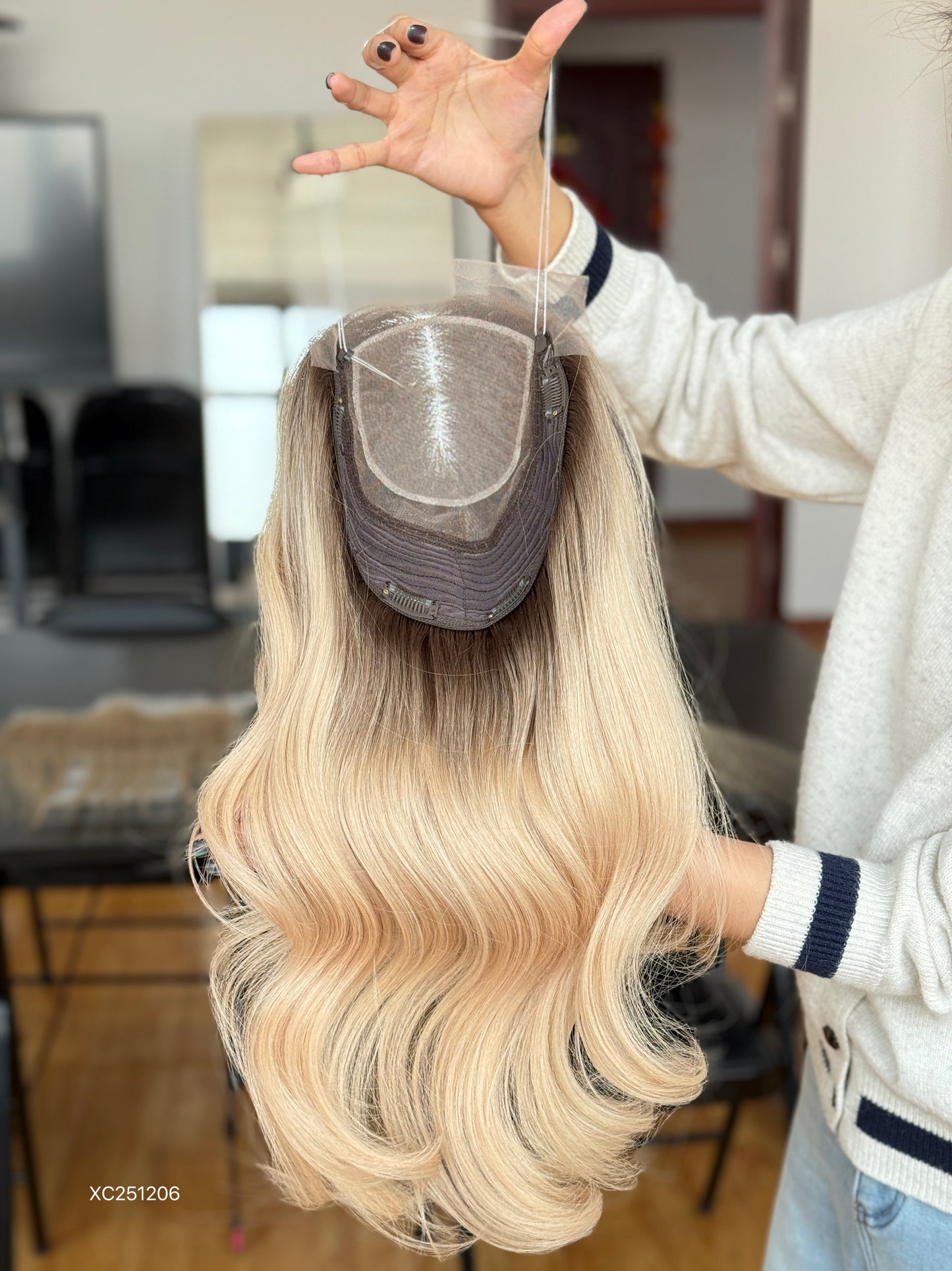 Light Blonde Long Wavy Human Hair Topper Mini Wig, product view 3