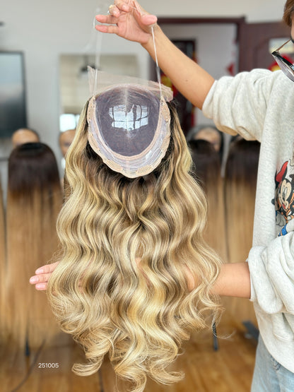 Warm Brown Blonde Highlighted Long Wavy Human Hair Topper Mini Wig, product view 4