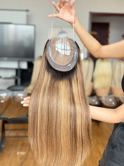 Copper Brown Rooted Long Straight Human Hair Topper Mini Wig, product view 3