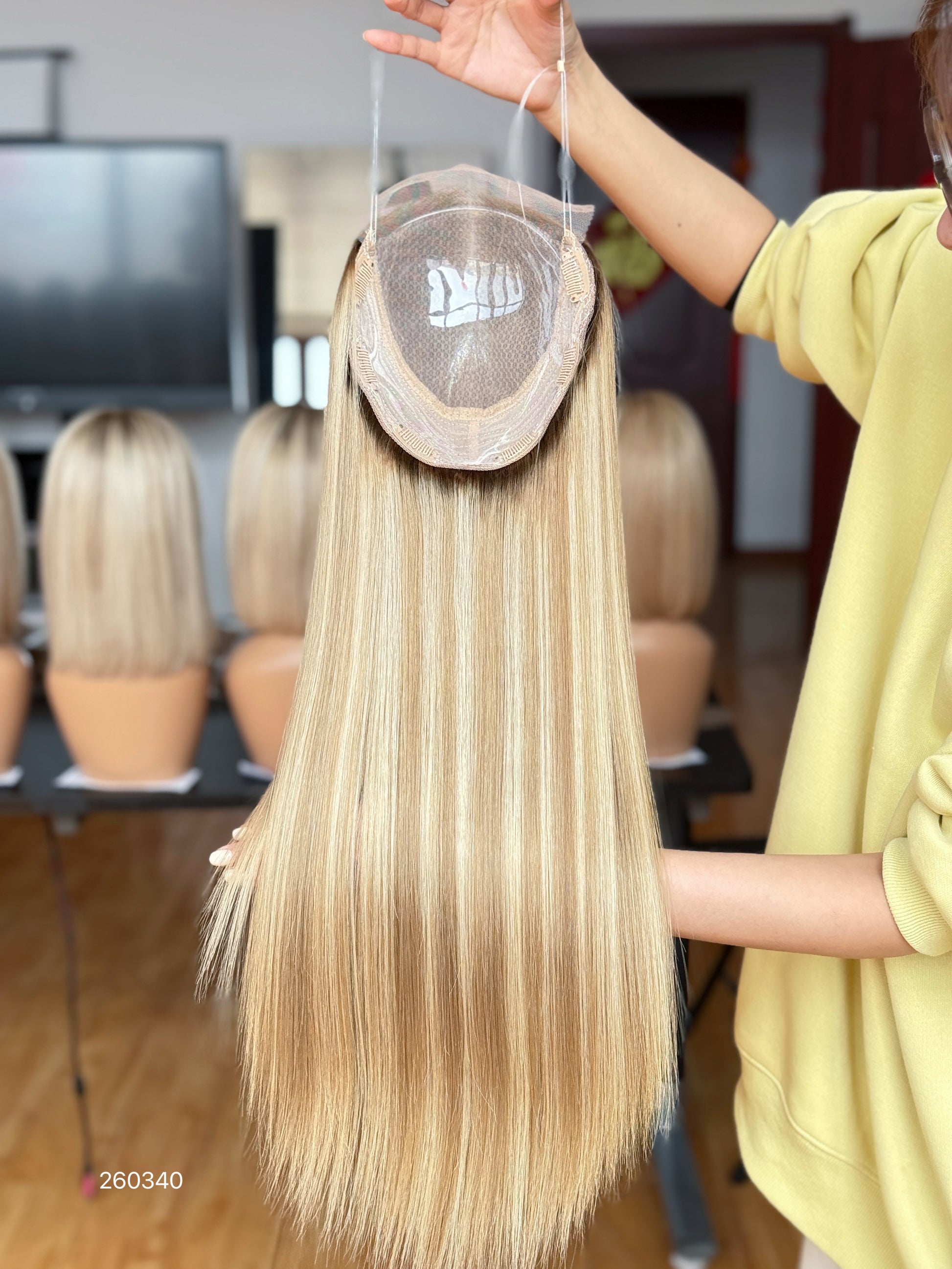 Light Blonde Long Straight Human Hair Topper Mini Wig, product view 3