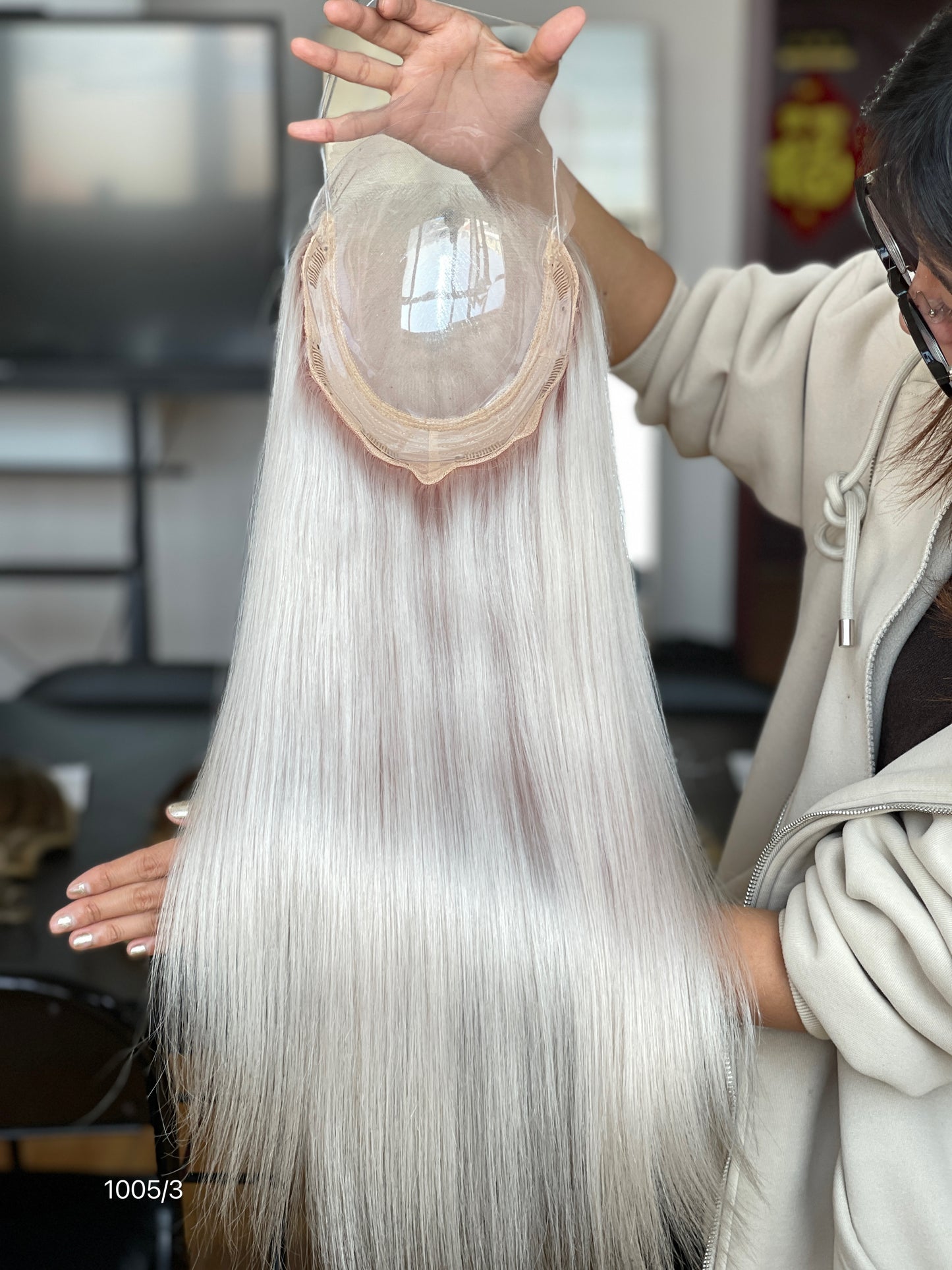 Silver Ash Blonde Long Straight Human Hair Topper Mini Wig, product view 4