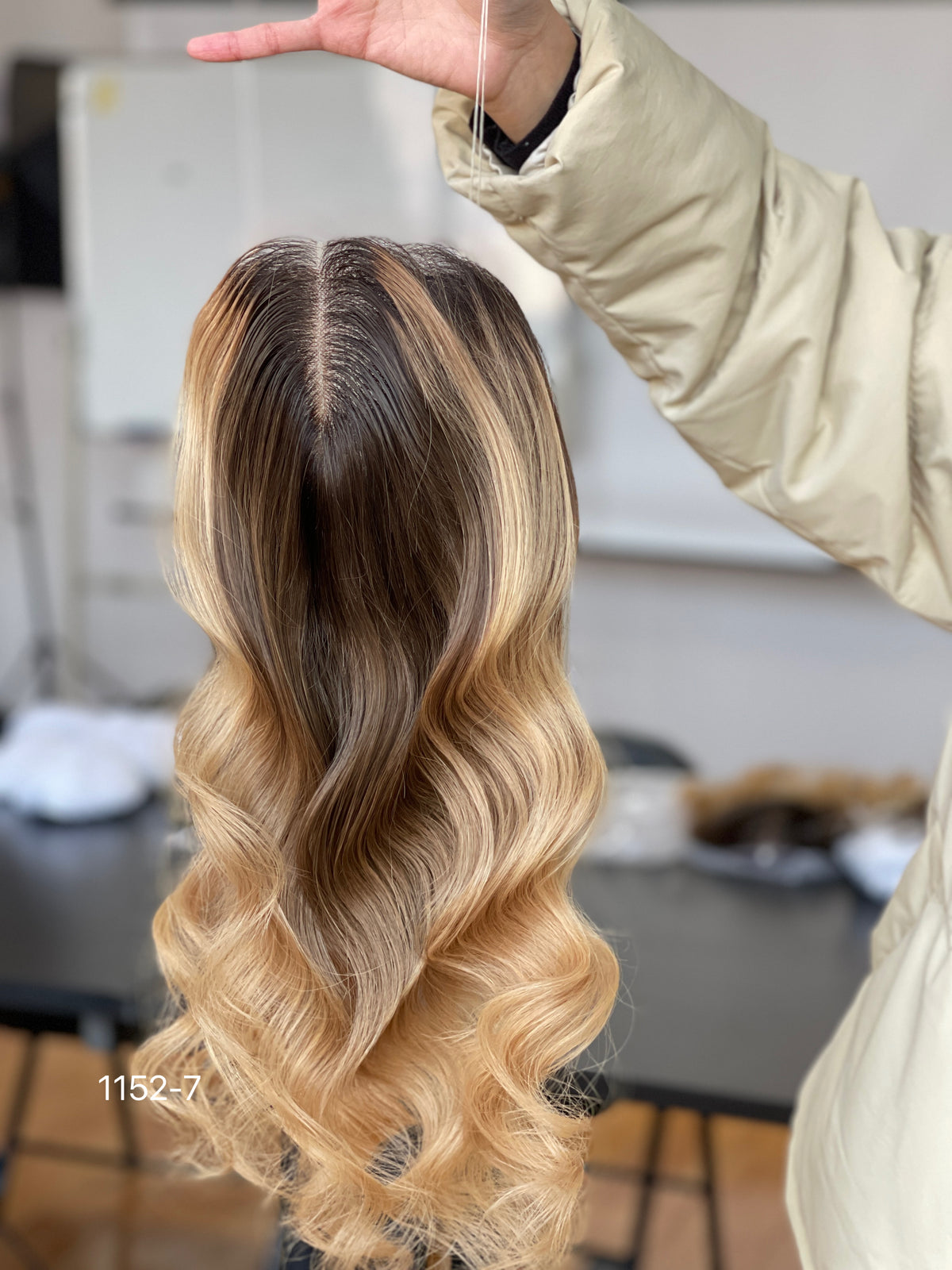 Dark-Root Blonde Long Wavy Human Hair Topper Mini Wig, product view 4