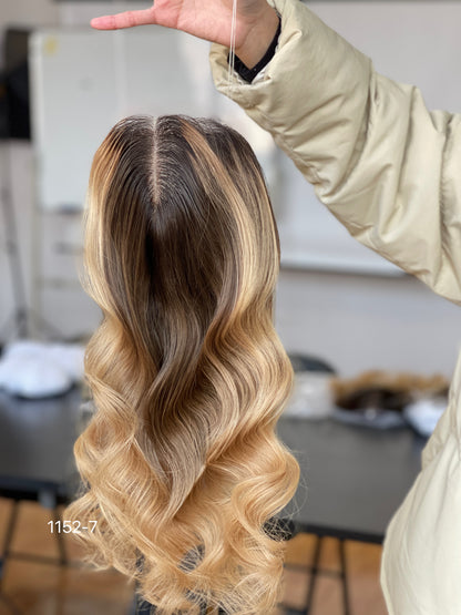 Dark-Root Blonde Long Wavy Human Hair Topper Mini Wig, product view 4
