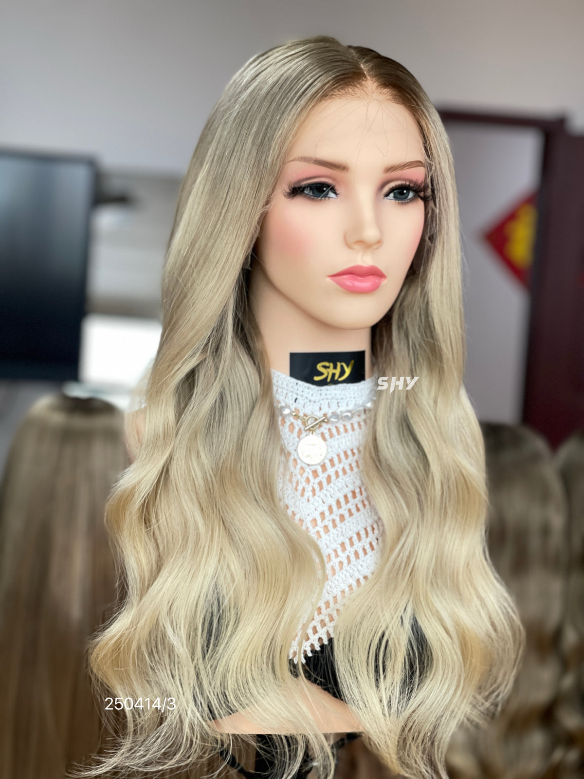 Ash Blonde Dark Root Middle-Part Body Wave Human Hair Lace Front Glueless Medical Wig, product view 4