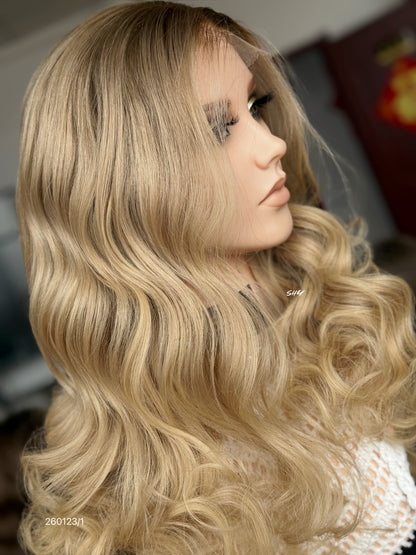 Dark Root Blonde Middle-Part Loose Wave Human Hair Lace Front Glueless Medical Wig, product view 4