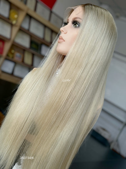 Pale Blonde Middle-Part Long Straight Human Hair Lace Front Glueless Medical Wig, product view 4