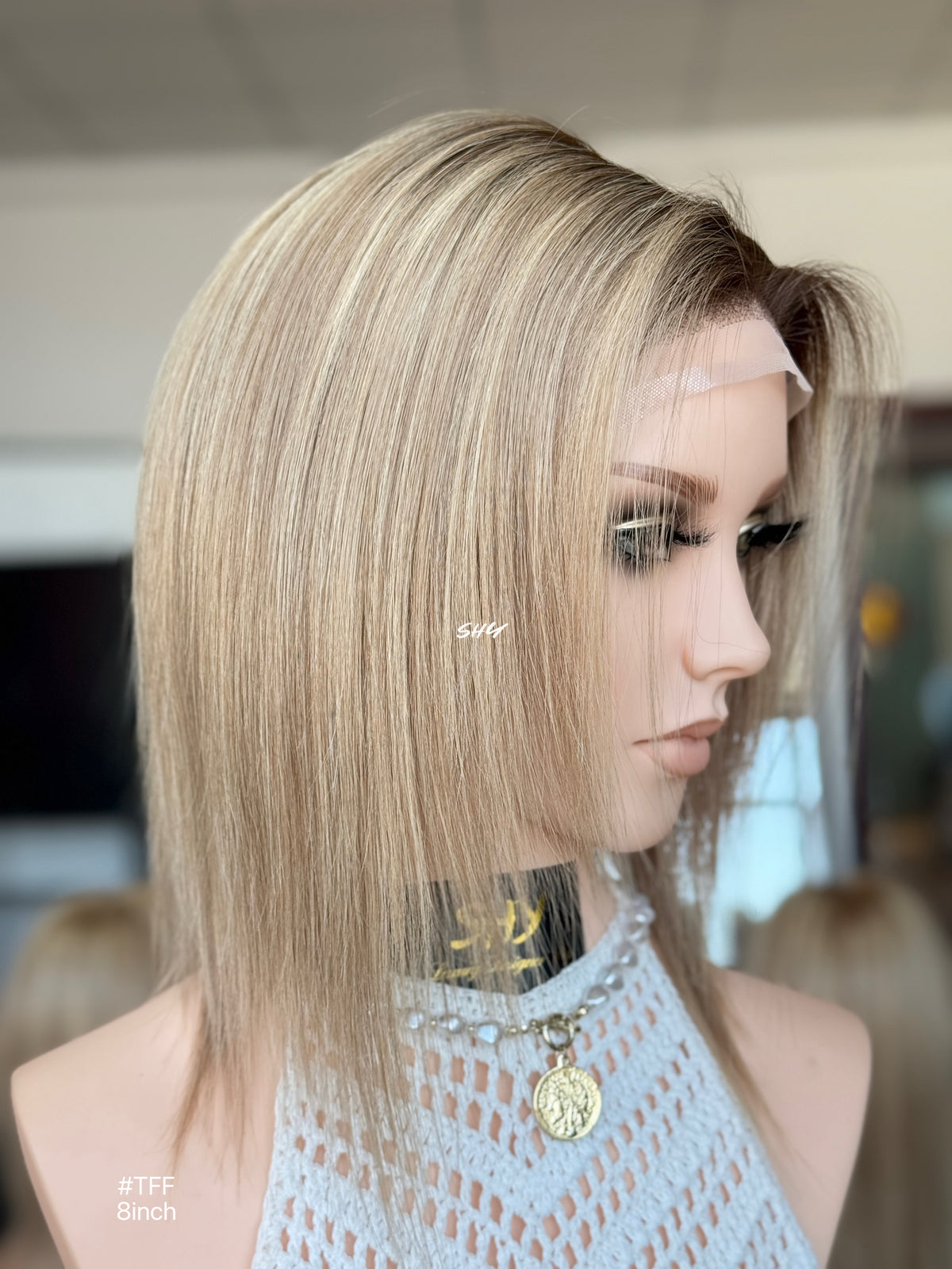 Dark Root Ash Blonde Highlighted Side-Part Straight Bob Human Hair Lace Front Glueless Medical Wig, product view 4
