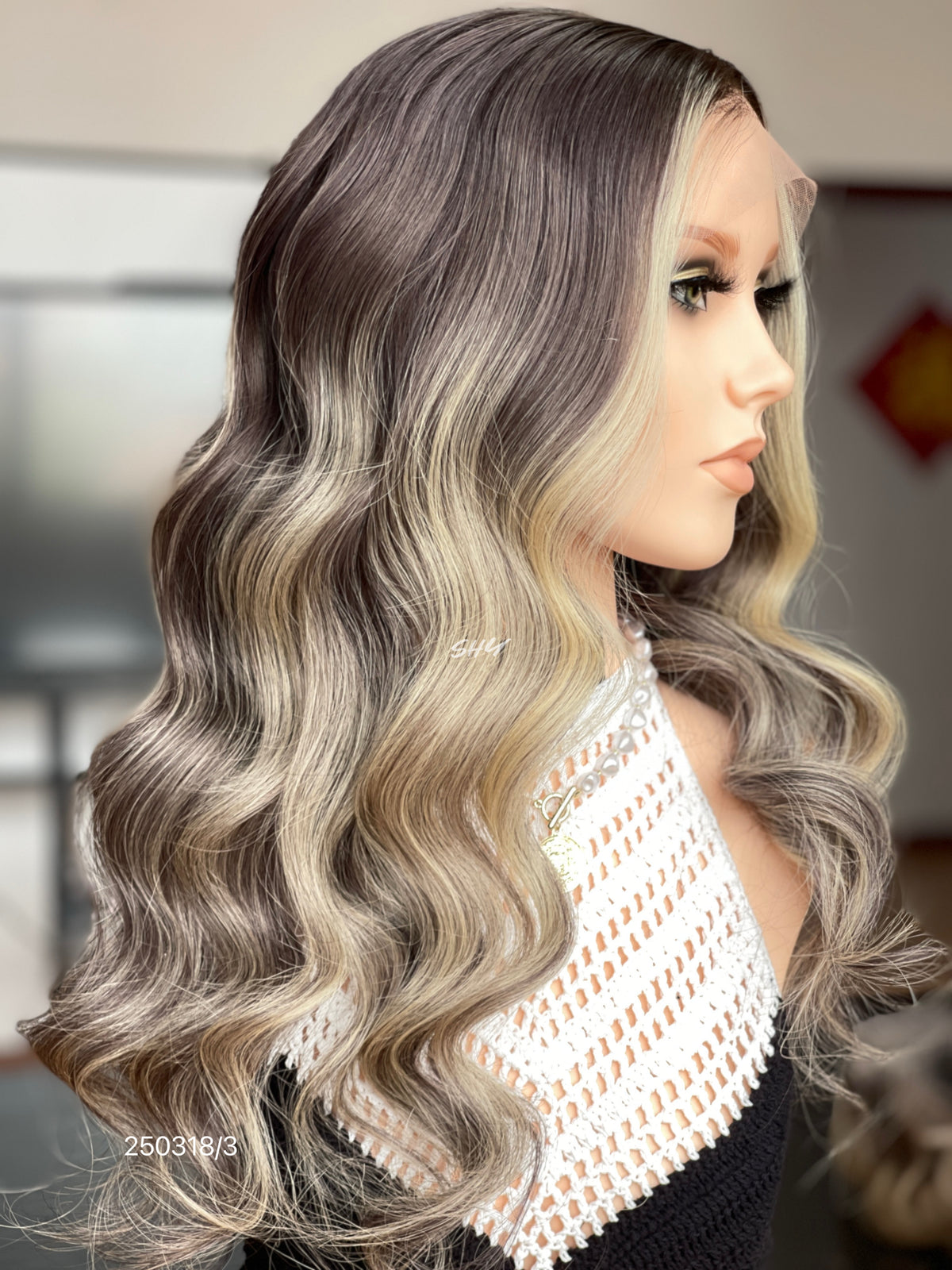 Ash Brown Blonde Highlighted Middle-Part Body Wave Human Hair Lace Front Glueless Medical Wig, product view 4
