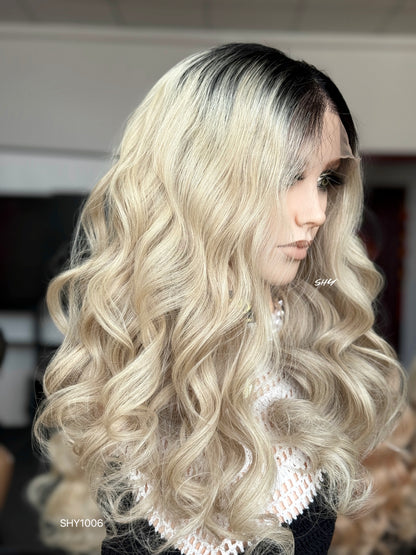 Black Root Blonde Middle-Part Loose Wave Human Hair Lace Front Glueless Medical Wig, product view 4