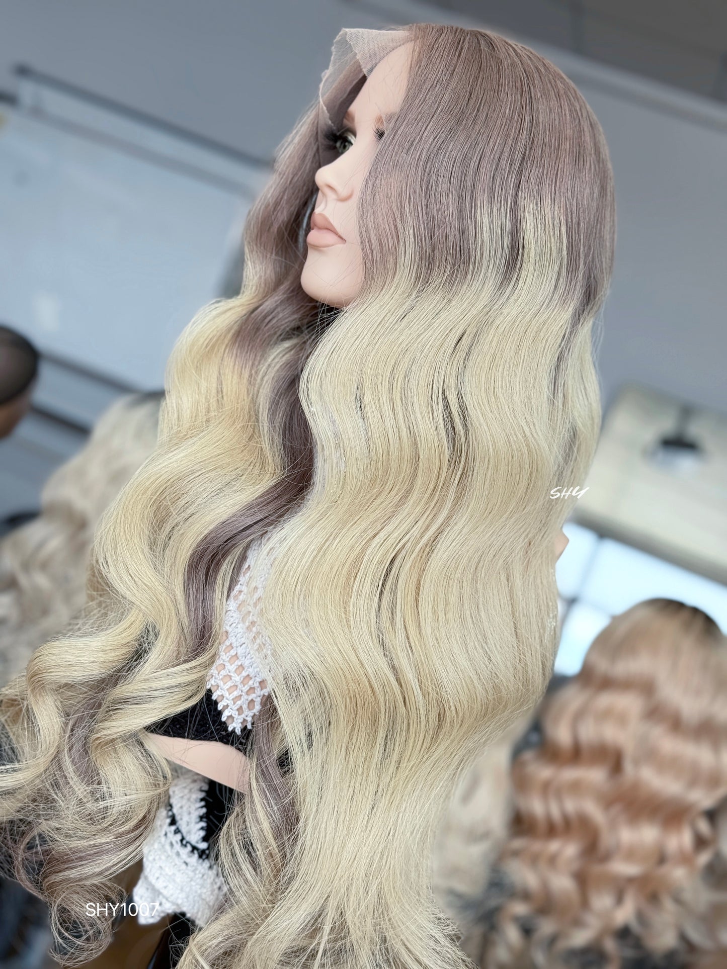 Rose Brown Root Blonde Middle-Part Body Wave Human Hair Lace Front Glueless Medical Wig, product view 4