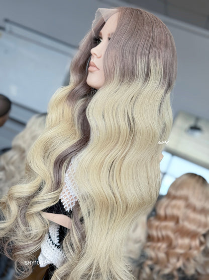 Rose Brown Root Blonde Middle-Part Body Wave Human Hair Lace Front Glueless Medical Wig, product view 4