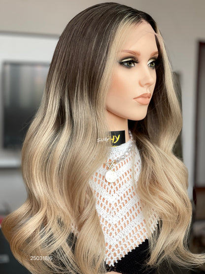 Dark Root Blonde Ombre Middle-Part Body Wave Human Hair Lace Front Glueless Medical Wig, product view 4