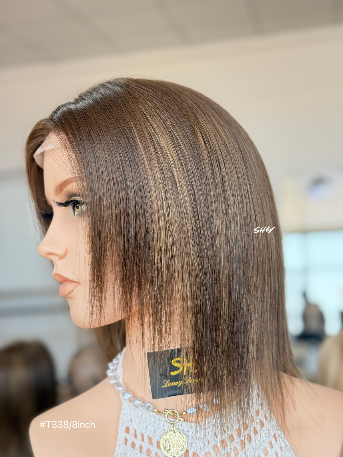 Warm Brown Middle-Part Shoulder-Length Straight Human Hair Lace Front Glueless Medical Wig, product view 4