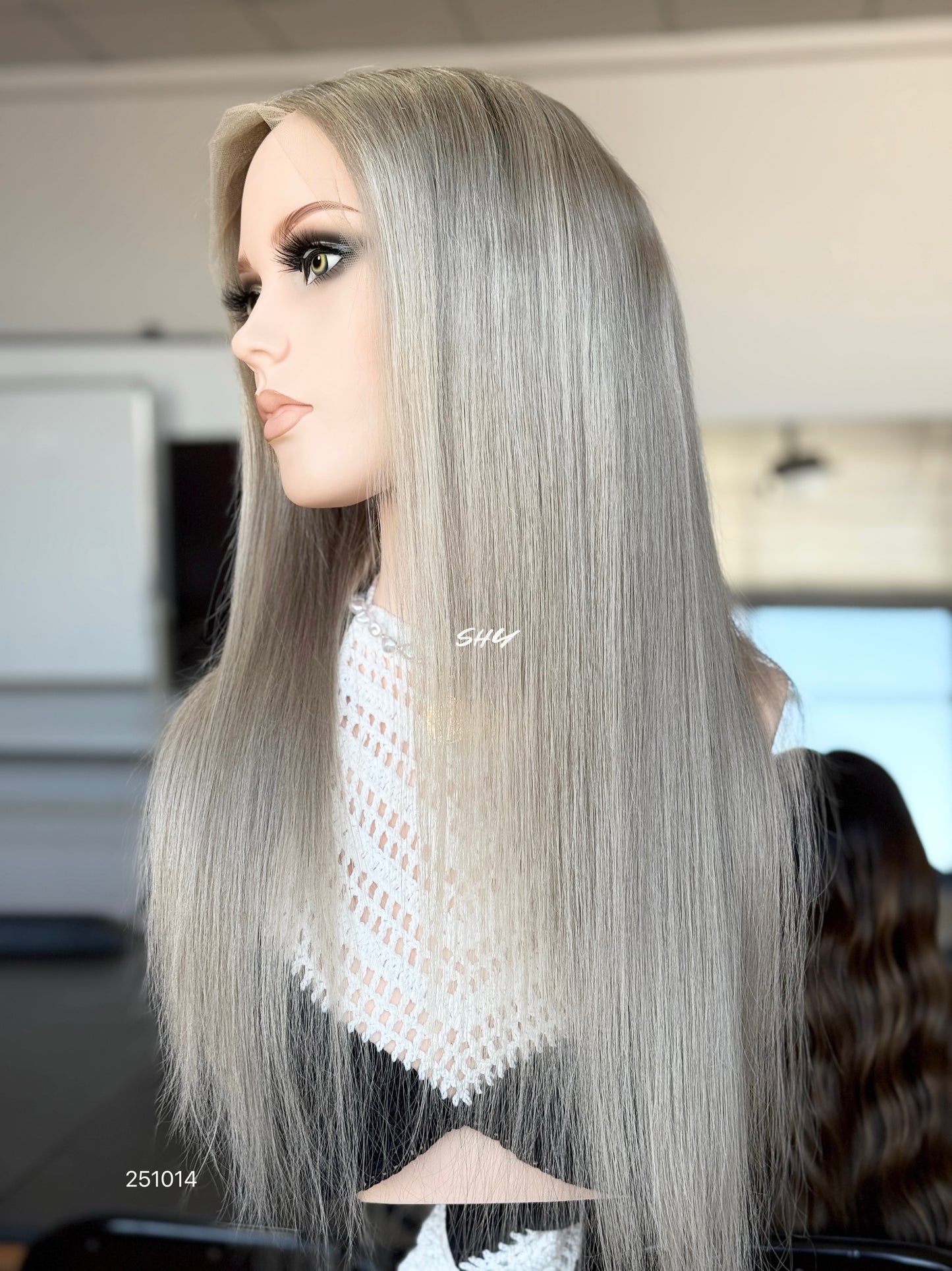 Silver Blonde Middle-Part Long Straight Human Hair Lace Front Glueless Medical Wig, product view 4