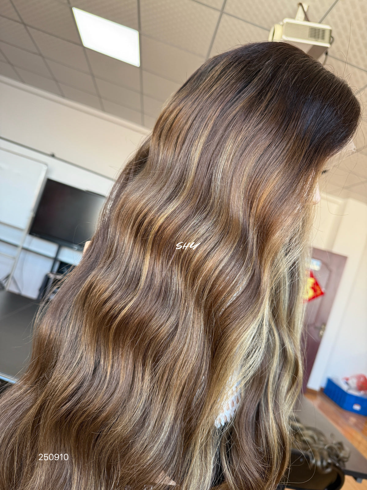 Dark Brown Highlighted Middle-Part Long Wavy Human Hair Lace Front Glueless Medical Wig, product view 4