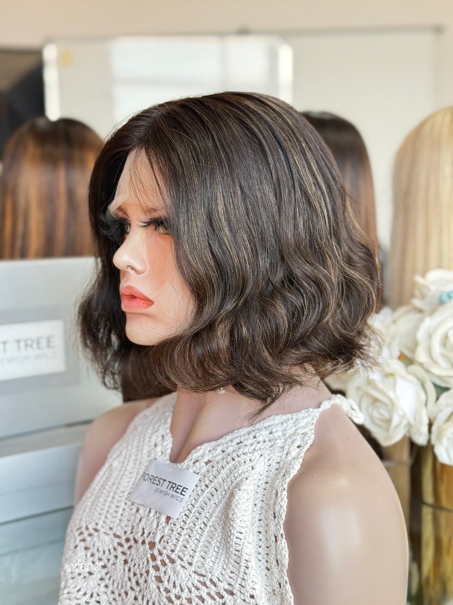 Dark Ash Brown Middle-Part Short Wavy Bob Human Hair Sheitel Wig, product view 4