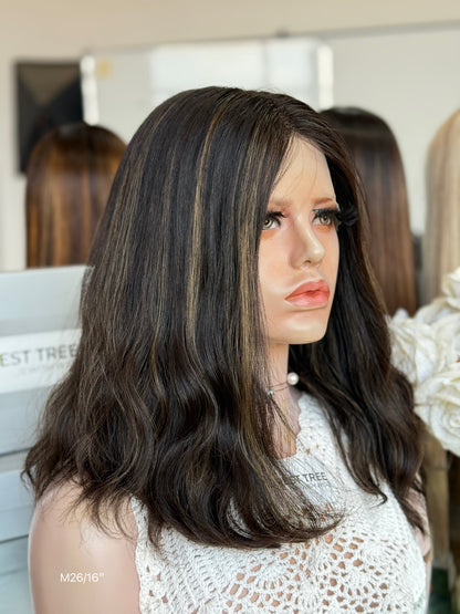 Dark Ash Brown Middle-Part Shoulder-Length Wavy Human Hair Sheitel Wig, product view 4