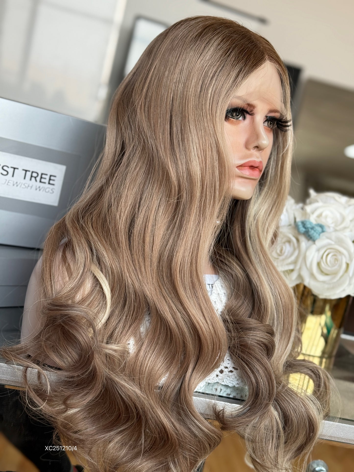 Beige Blonde Middle-Part Long Wavy Human Hair Sheitel Wig, product view 4
