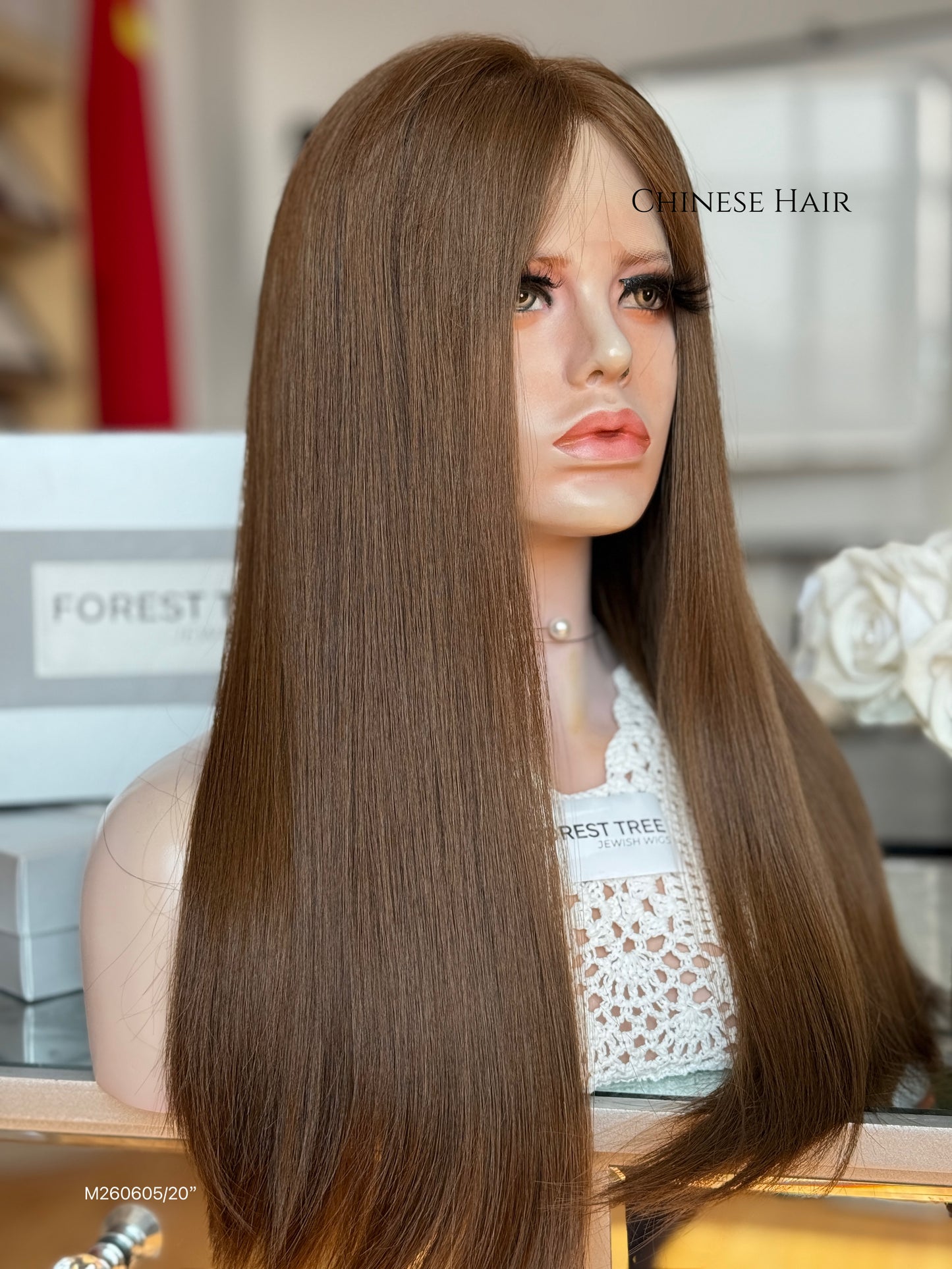 Light Walnut Brown Middle-Part Long Straight Human Hair Sheitel Wig, product view 4