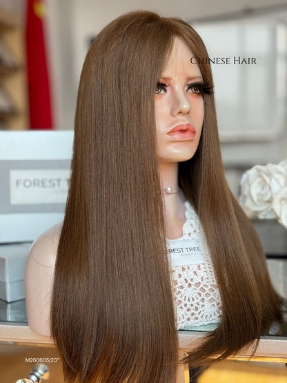 Light Walnut Brown Middle-Part Long Straight Human Hair Sheitel Wig, product view 4