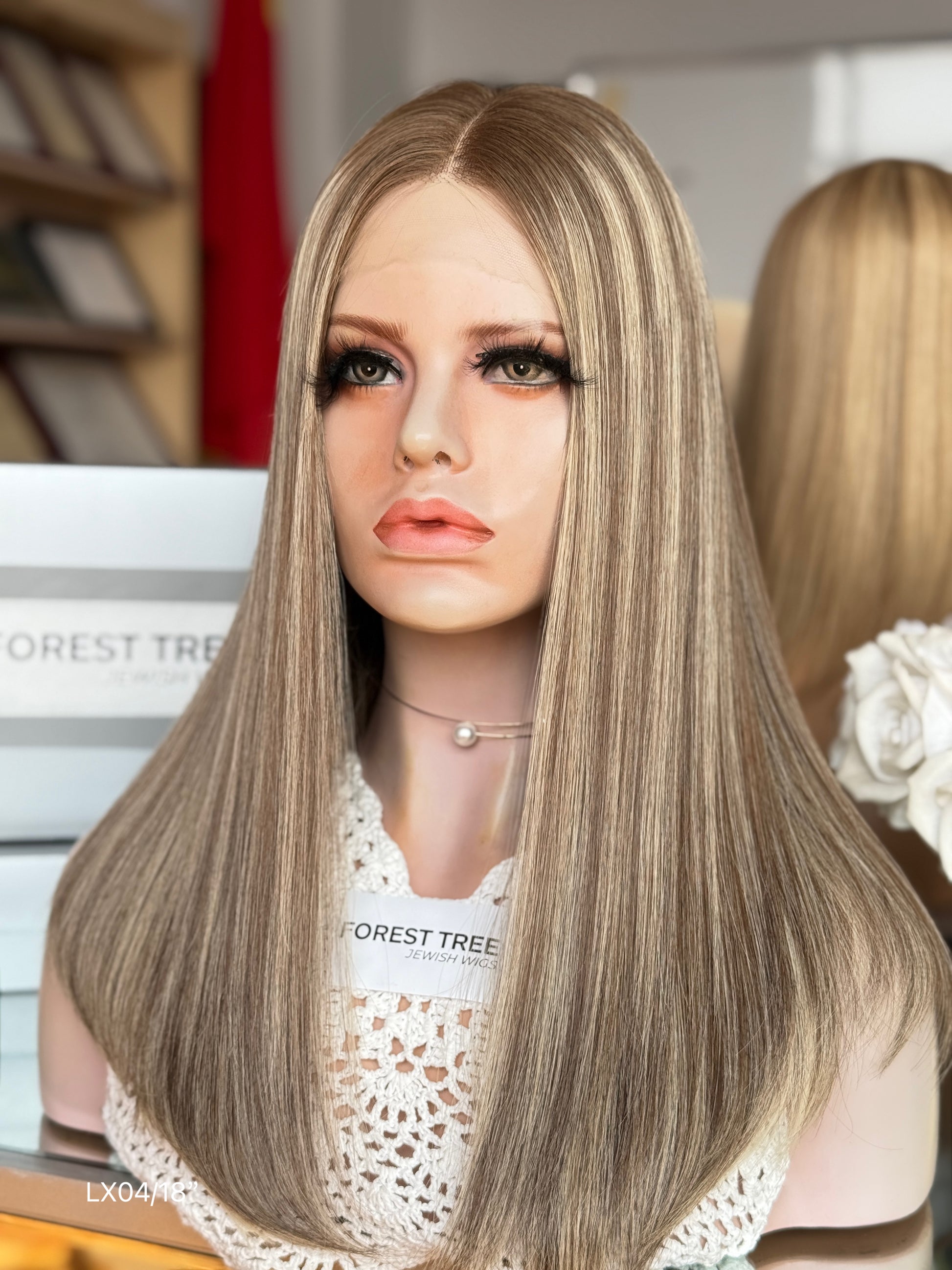 Highlighted Ash Blonde Middle-Part Shoulder-Length Straight Human Hair Sheitel Wig, product view 4