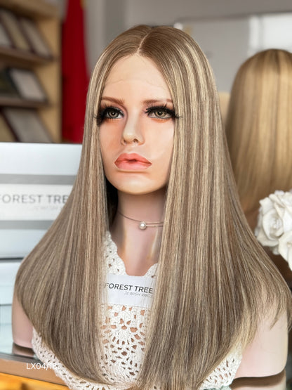 Highlighted Ash Blonde Middle-Part Shoulder-Length Straight Human Hair Sheitel Wig, product view 4