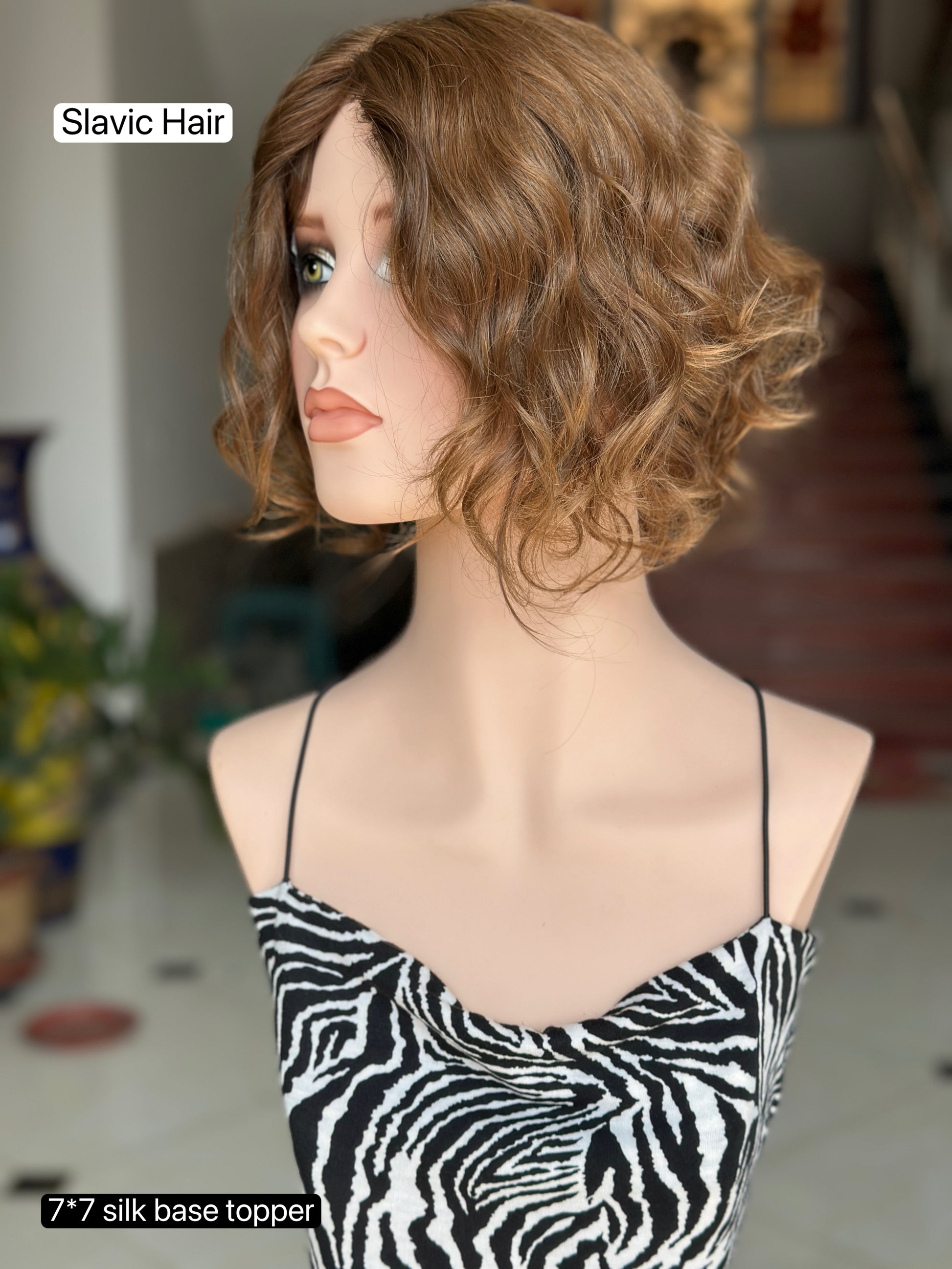 Light Ash Brown Short Curly Bob Human Hair Sheitel Wig, product view 4