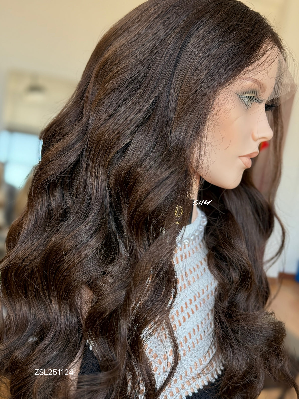 Deep Chocolate Brown Side-Part Long Wavy Human Hair Lace Front Glueless Medical Wig, product view 4