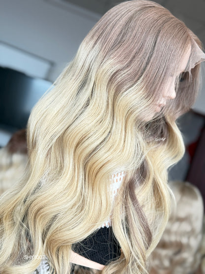 Rose Brown Root Blonde Middle-Part Body Wave Human Hair Lace Front Glueless Medical Wig, product view 5
