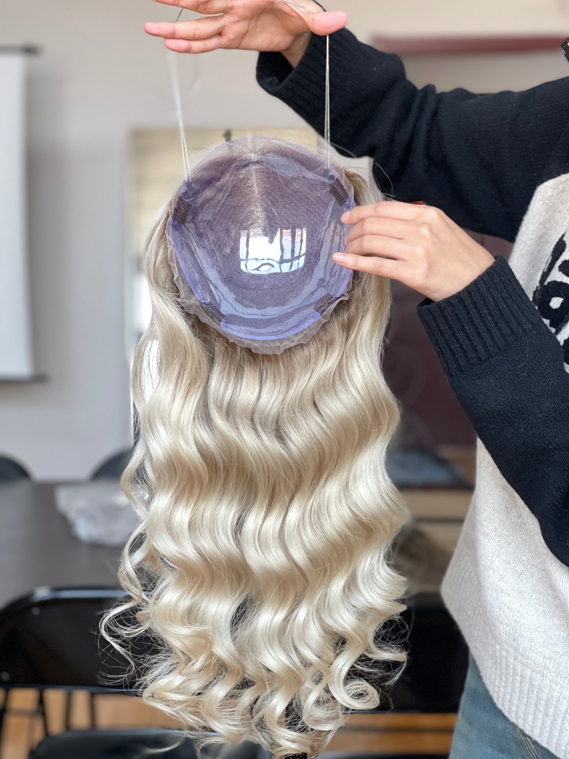 Ash Blonde Center-Part Long Wavy Human Hair Topper Mini Wig, product view 5