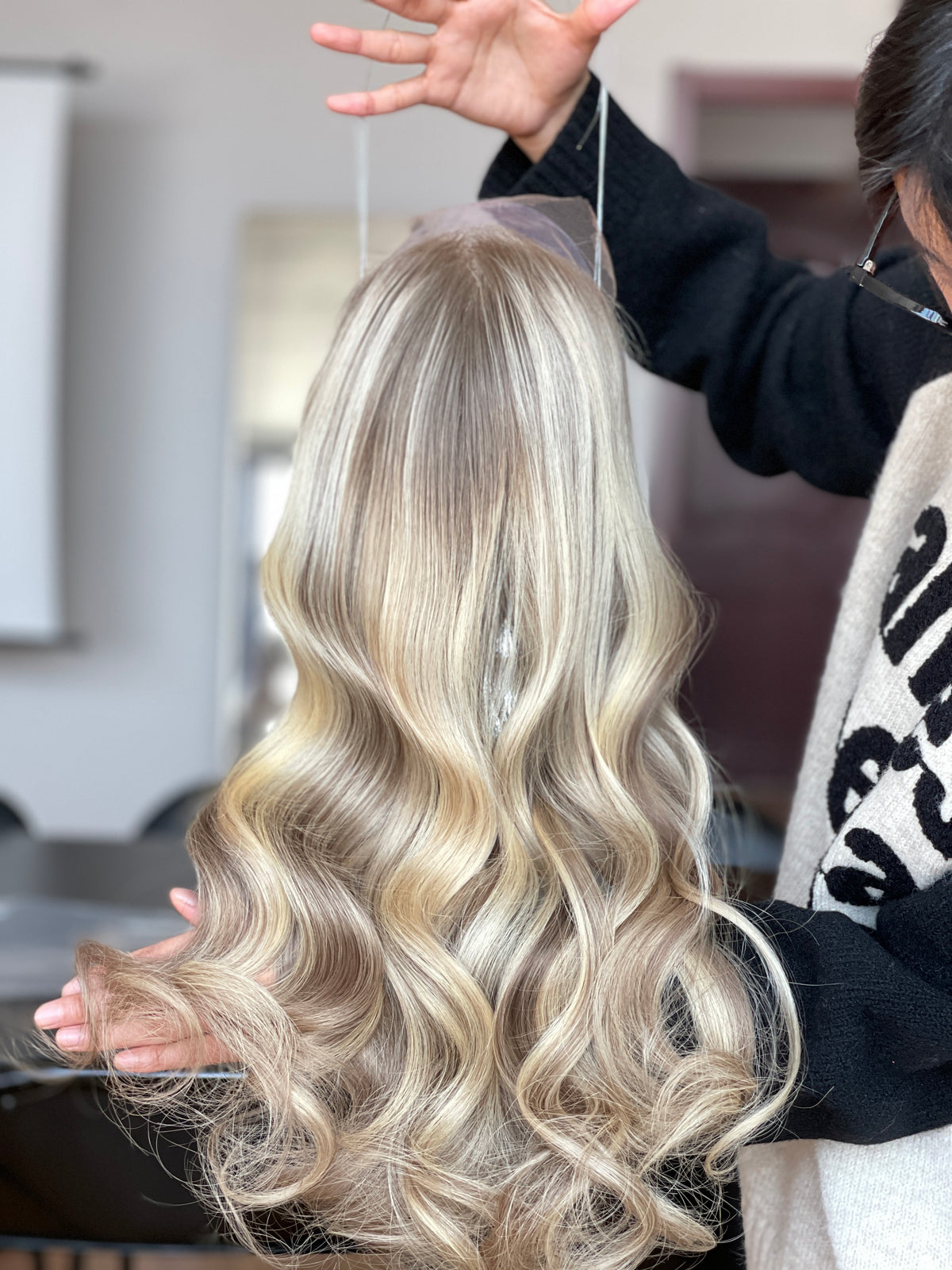 Ash Blonde Center-Part Long Wavy Human Hair Topper Mini Wig, product view 5