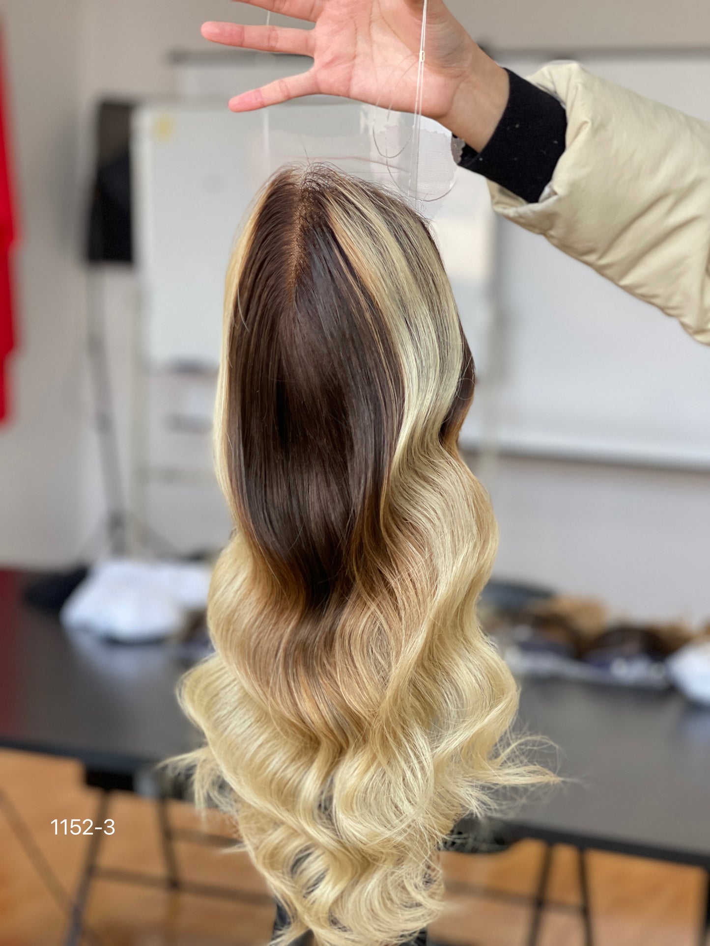 Chocolate Brown Dark-Root Blonde Highlighted Long Wavy Human Hair Topper Mini Wig, product view 3
