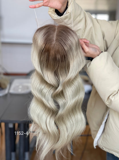 Ash Brown Dark-Root Long Wavy Human Hair Topper Mini Wig, product view 3