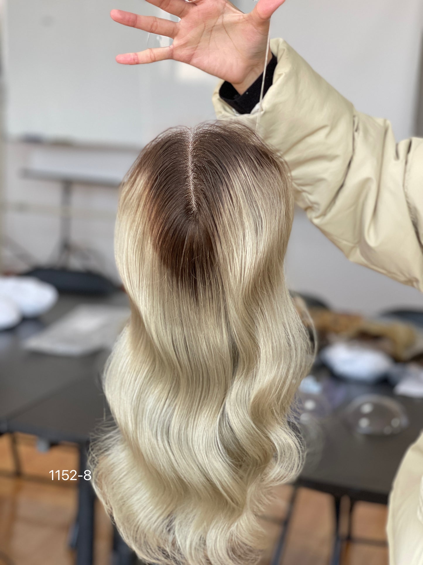 Chocolate Brown Dark-Root Blonde Highlighted Long Wavy Human Hair Topper Mini Wig, product view 3