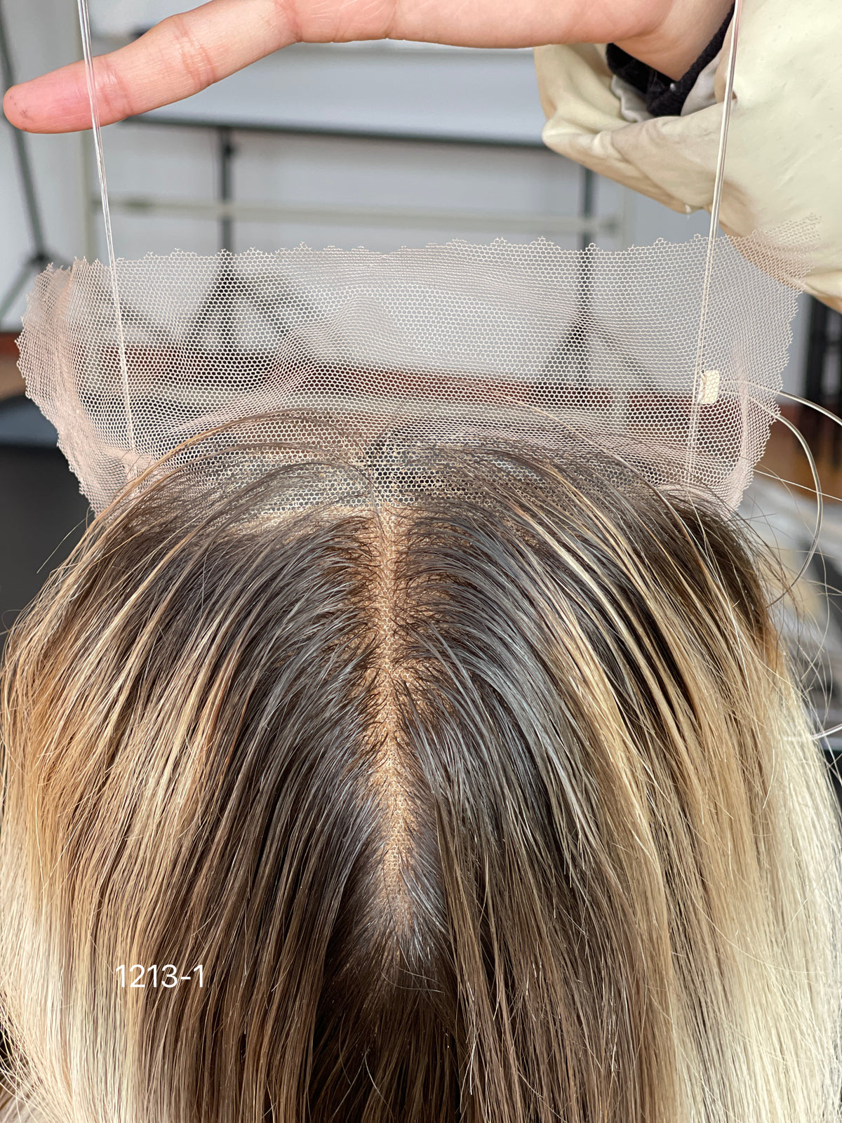 Ash Brown Dark-Root Blonde Highlighted Long Wavy Human Hair Topper Mini Wig, product view 4