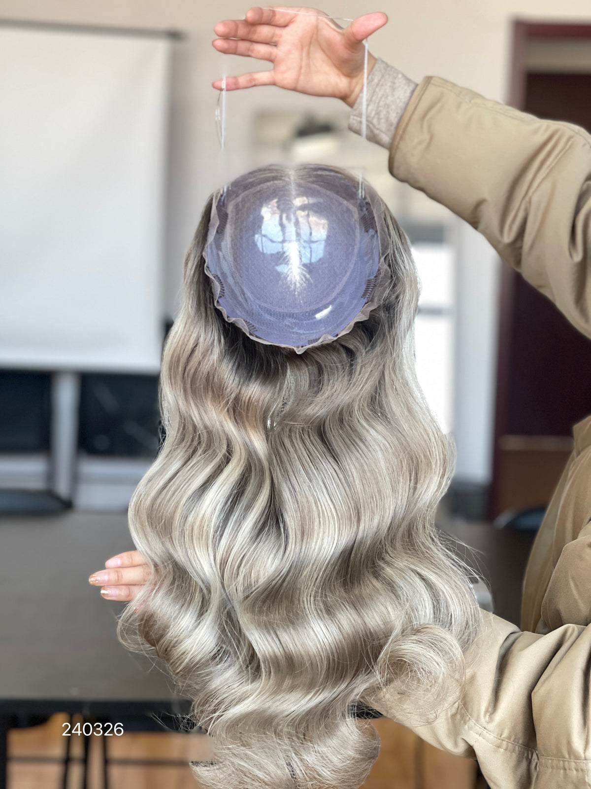 Light Blonde Dark-Root Long Wavy Human Hair Topper Mini Wig, product view 4