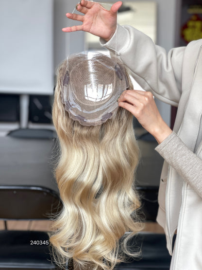 Ash Brown Dark-Root Blonde Highlighted Long Wavy Human Hair Topper Mini Wig, product view 5