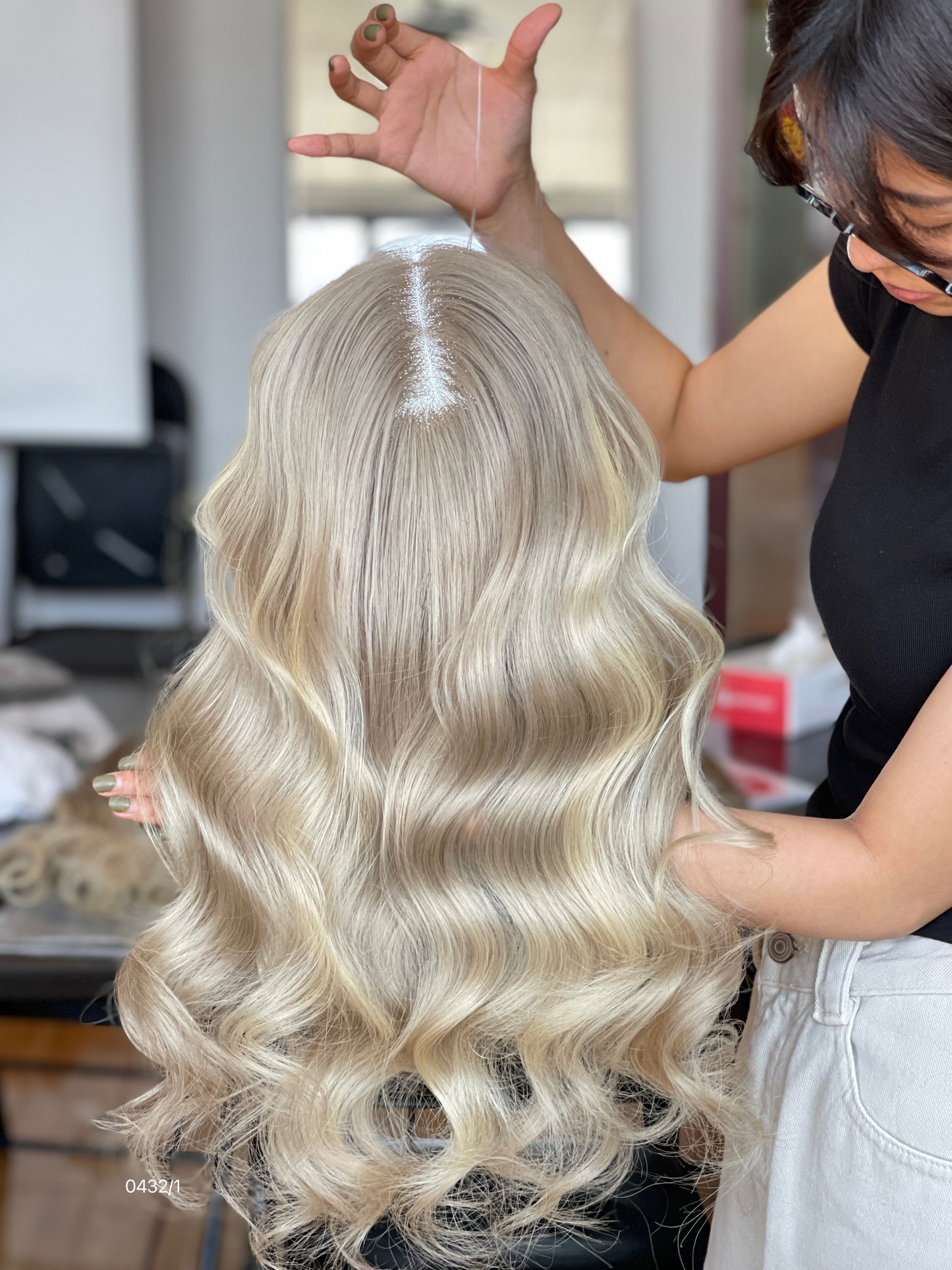 Ash Brown Dark-Root Blonde Highlighted Long Wavy Human Hair Topper Mini Wig, product view 3