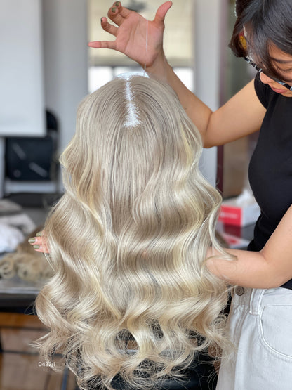 Ash Brown Dark-Root Blonde Highlighted Long Wavy Human Hair Topper Mini Wig, product view 3