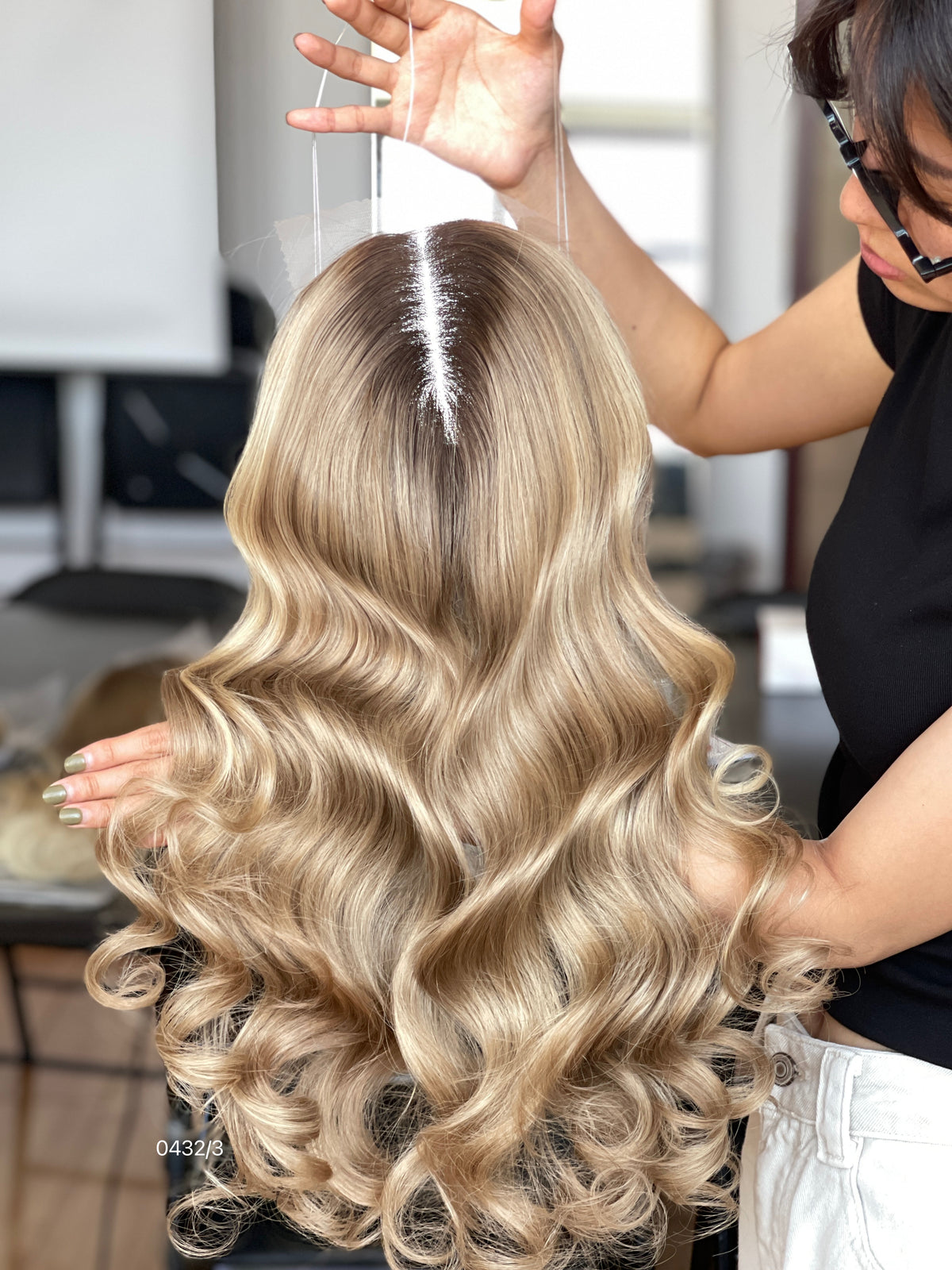 Warm Brown Dark-Root Blonde Highlighted Long Wavy Human Hair Topper Mini Wig, product view 3