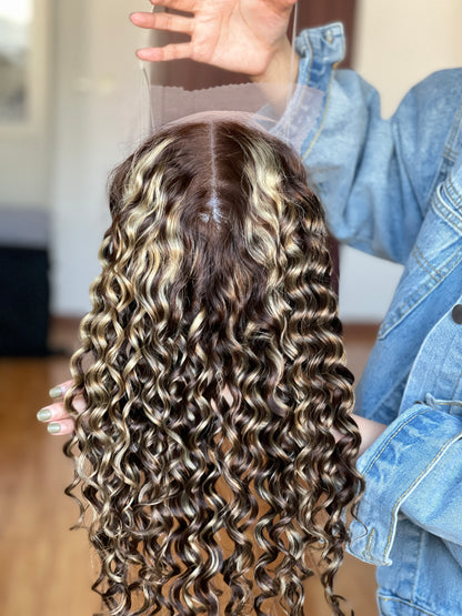 Warm Brown Long Curly Human Hair Topper Mini Wig, product view 5