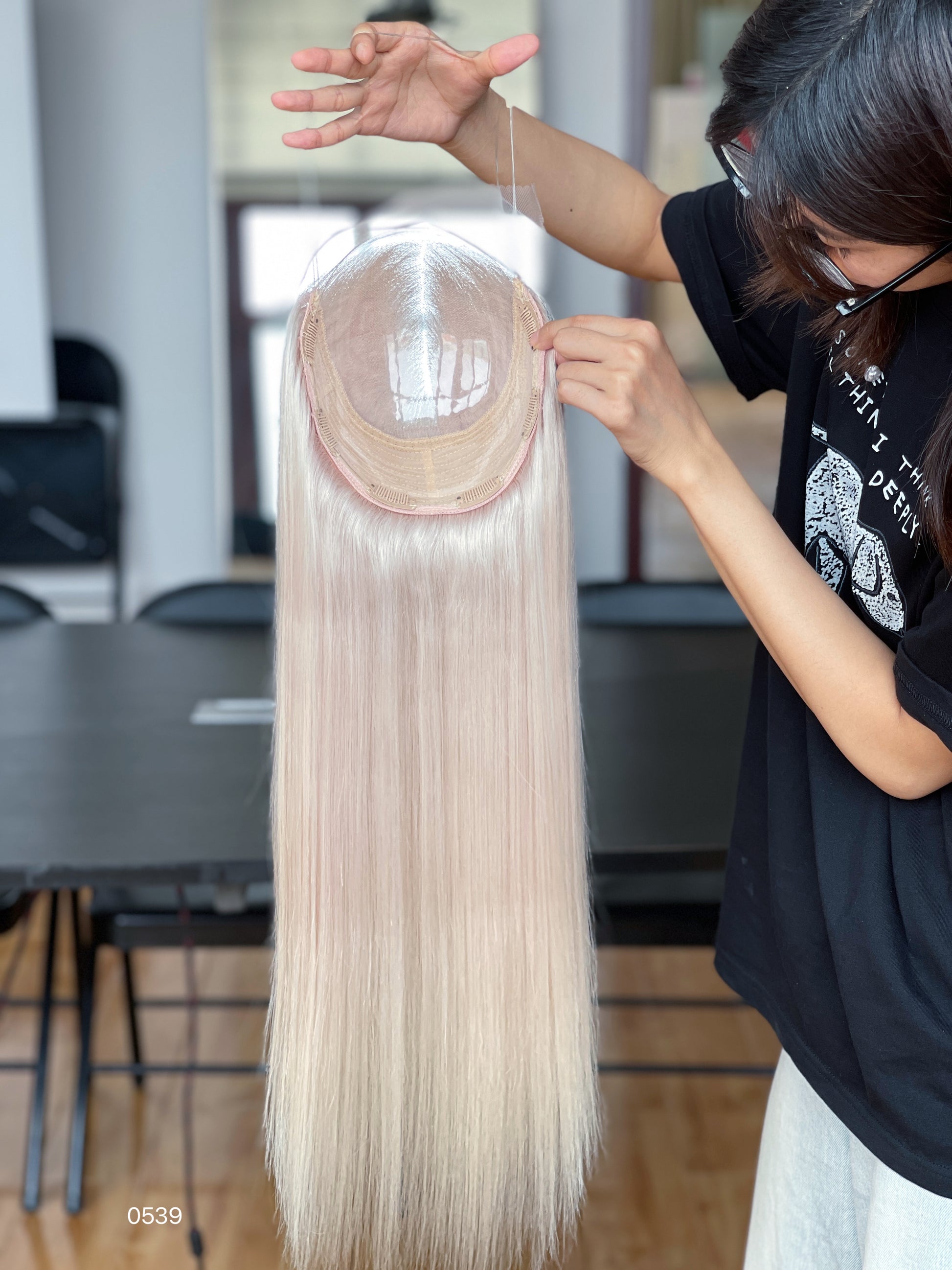 Ash Blonde Center-Part Long Straight Human Hair Topper Mini Wig, product view 3