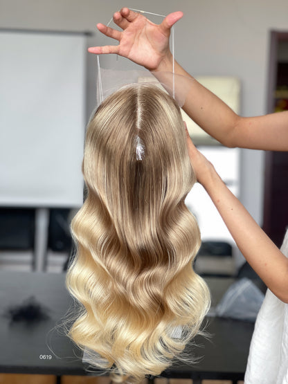 Warm Brown Dark-Root Blonde Highlighted Long Wavy Human Hair Topper Mini Wig, product view 1