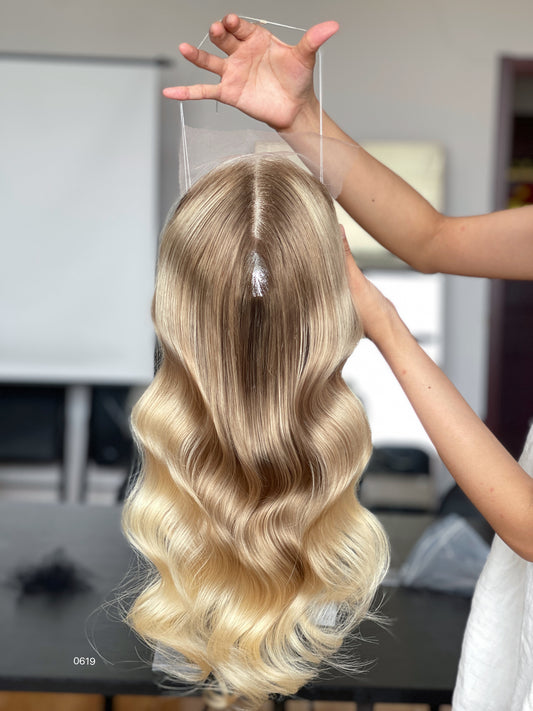 Warm Brown Dark-Root Blonde Highlighted Long Wavy Human Hair Topper Mini Wig, product view 1