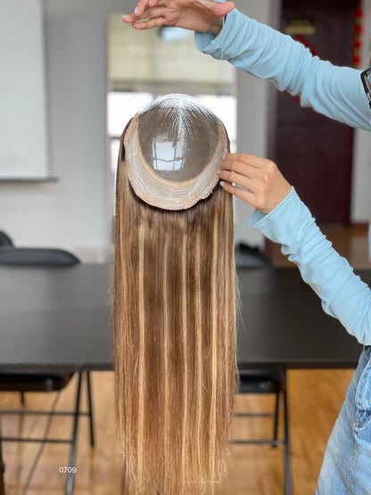Ash Brown Dark-Root Long Straight Human Hair Topper Mini Wig, product view 3