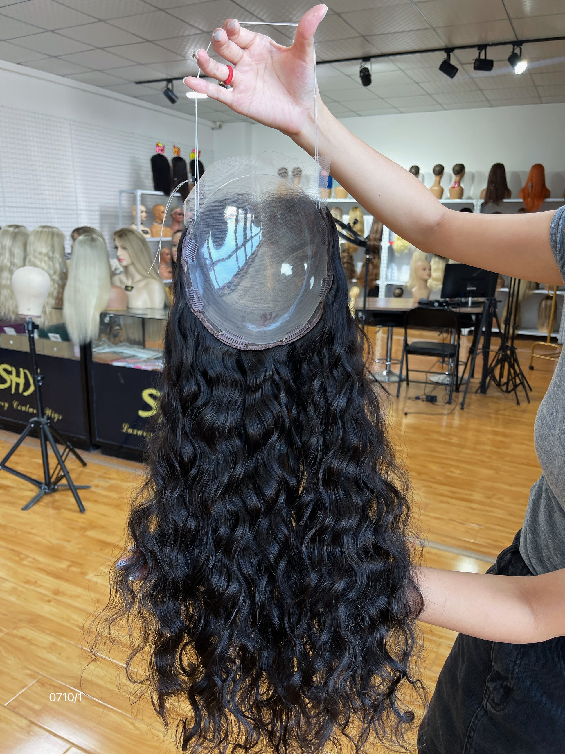 Ash Brown Center-Part Long Curly Human Hair Topper Mini Wig, product view 4