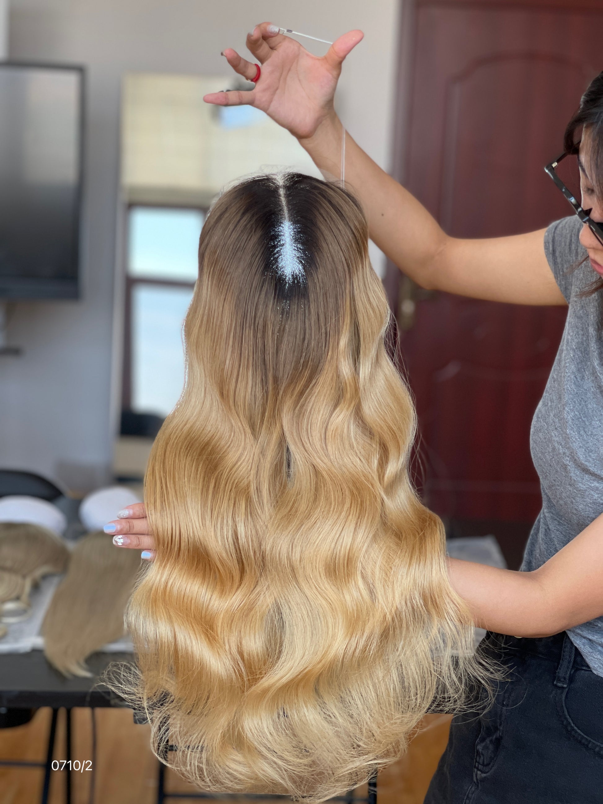 Warm Brown Dark-Root Blonde Highlighted Long Wavy Human Hair Topper Mini Wig, product view 3