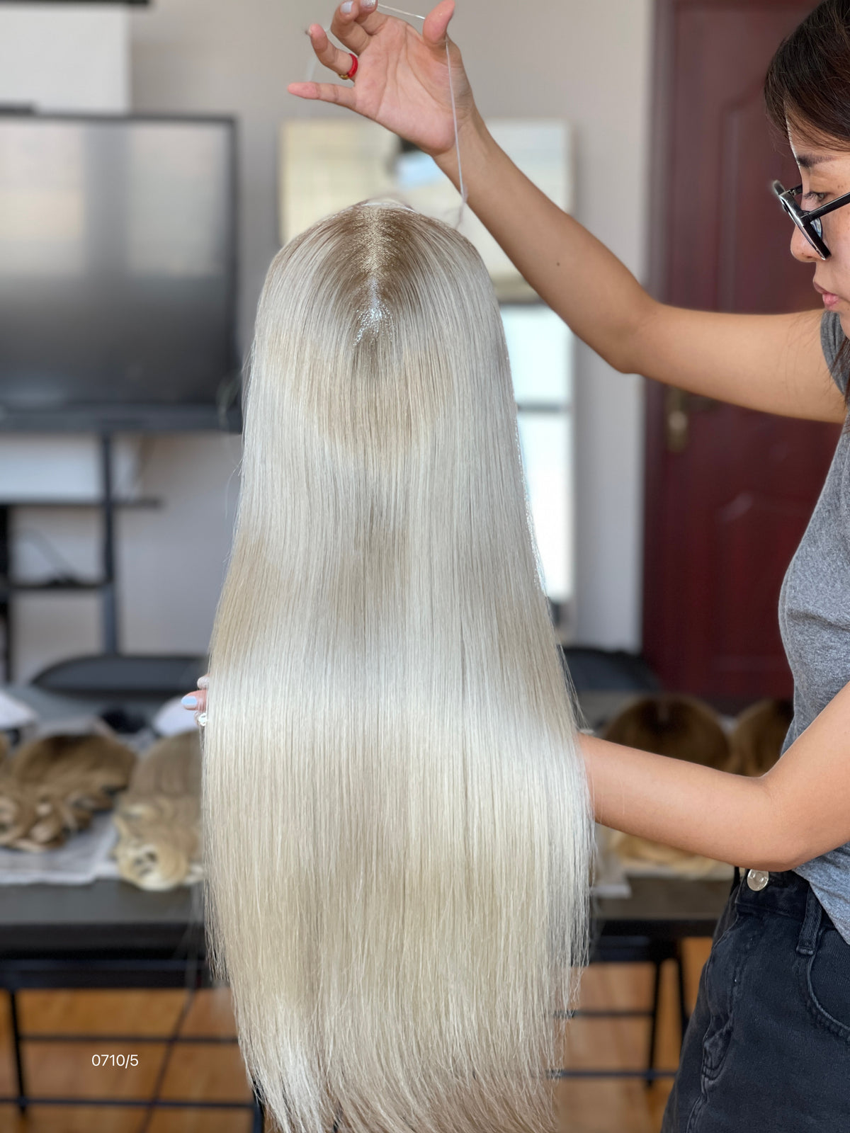 Ash Brown Center-Part Long Straight Human Hair Topper Mini Wig, product view 3