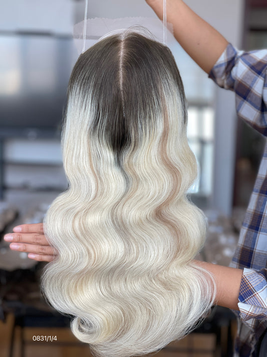 Ash Blonde Dark-Root Long Wavy Human Hair Topper Mini Wig, product view 2 — alternate view